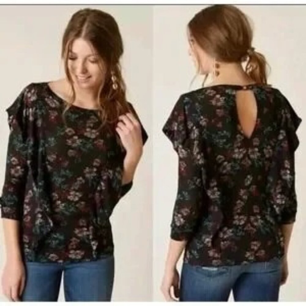 Free People Dock Street Black Floral Ruffle Blouse